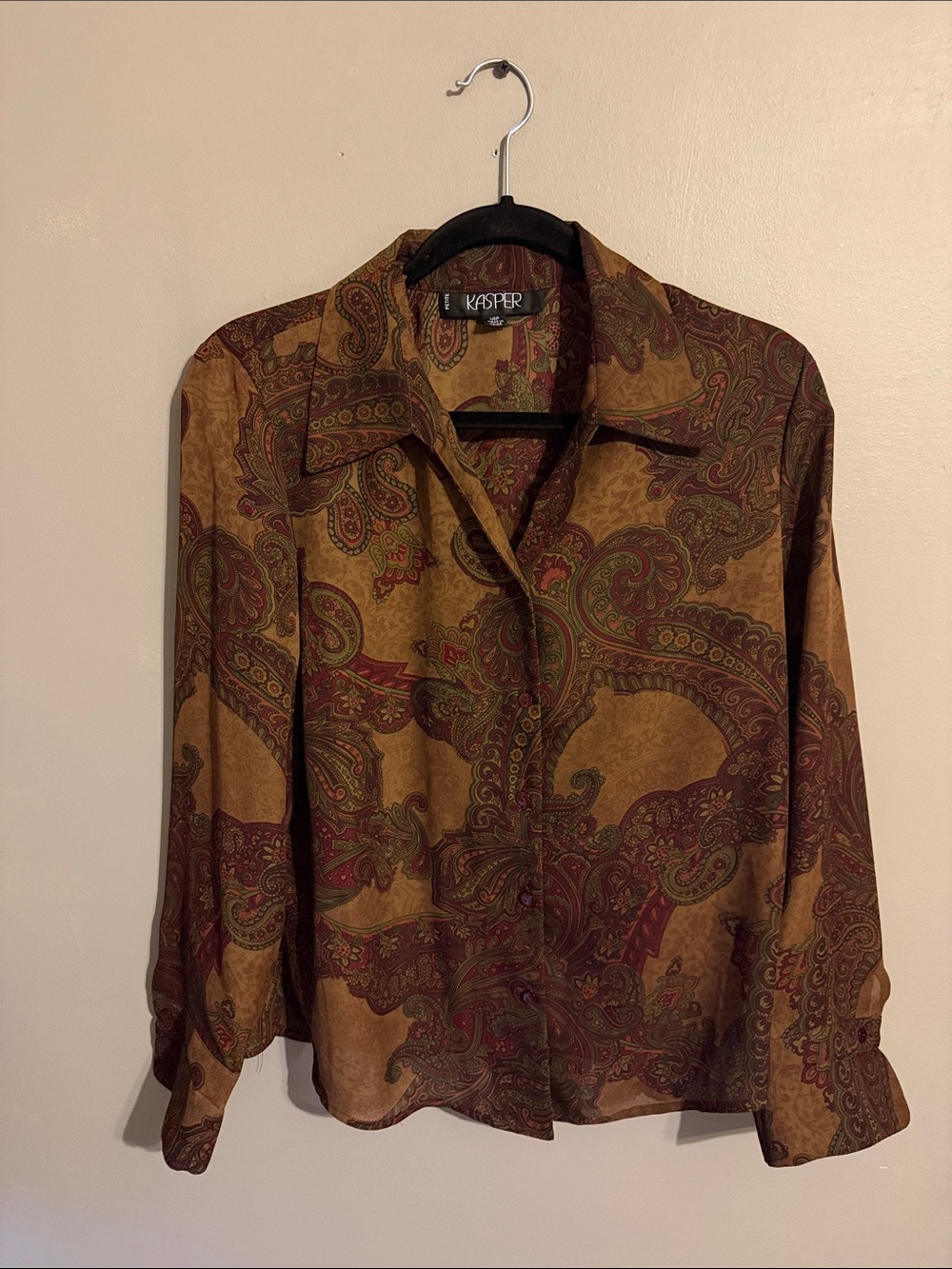 Kasper brown paisley long sleeve blouse. Size 14P.